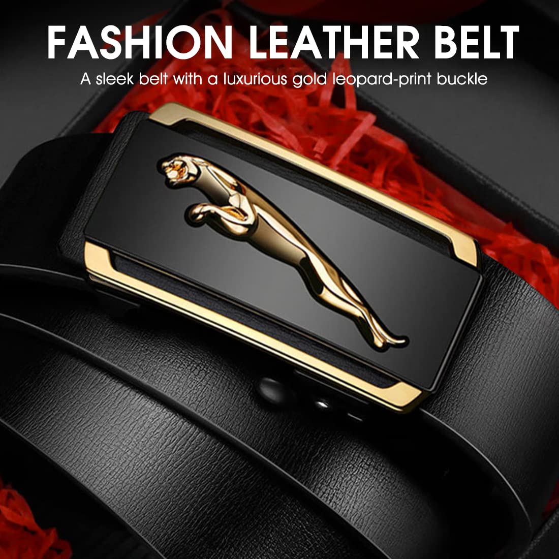 GUSTAVE Men's Belt Adjustable Auto with Lock Buckle Belt Black Belt for Men Leather Belt, Fashion Golden Leopard Pattern Design-Long 125cm GUSTAVE Men's Belt Adjustable Auto with Lock Buckle Belt Black Belt for Men Leather Belt, Fashion Golden Leopard Pattern Design-Long 125cm